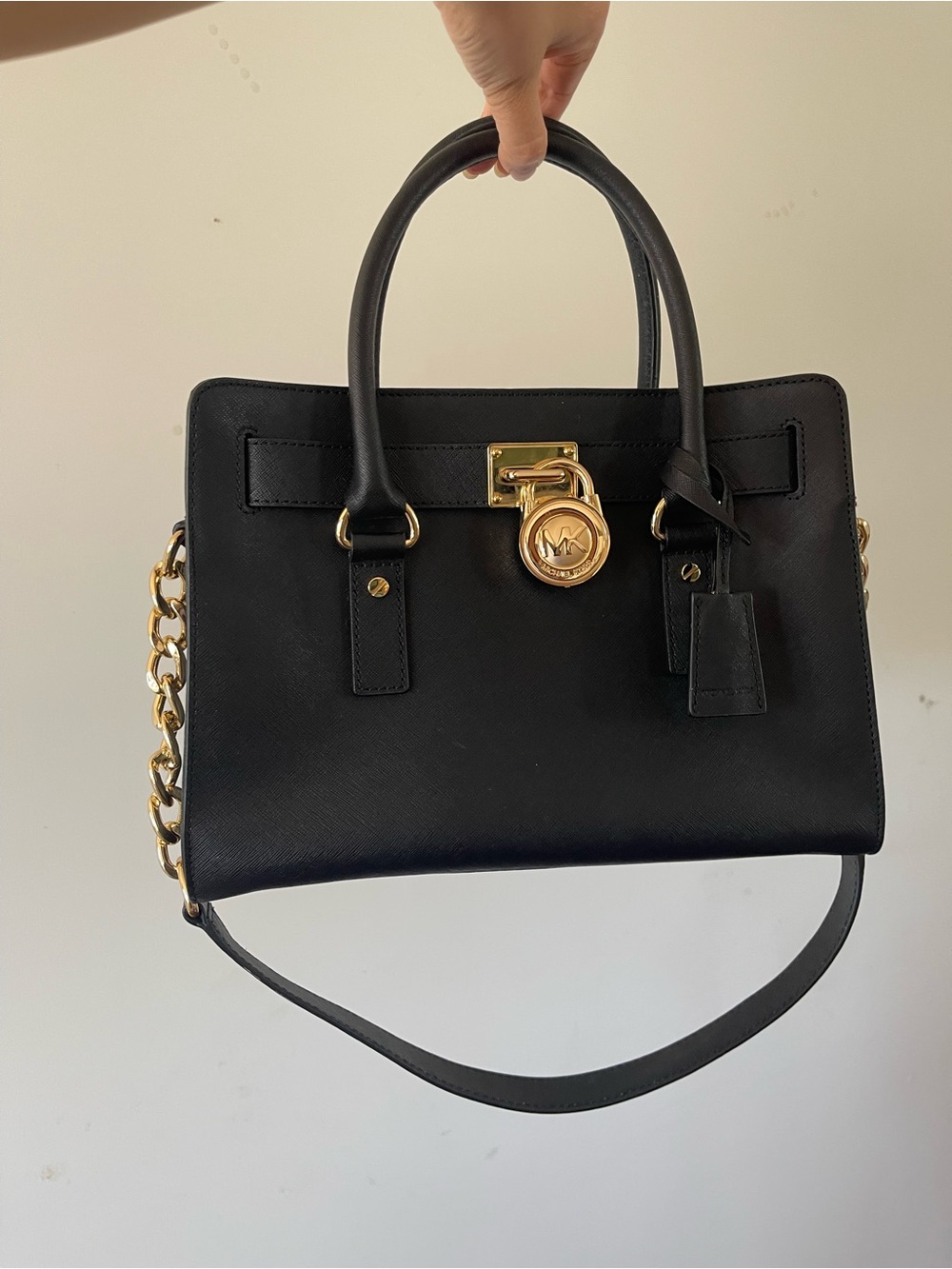 Michael Kors Black Leather Satchel with Gold-Tone Chain and Lock